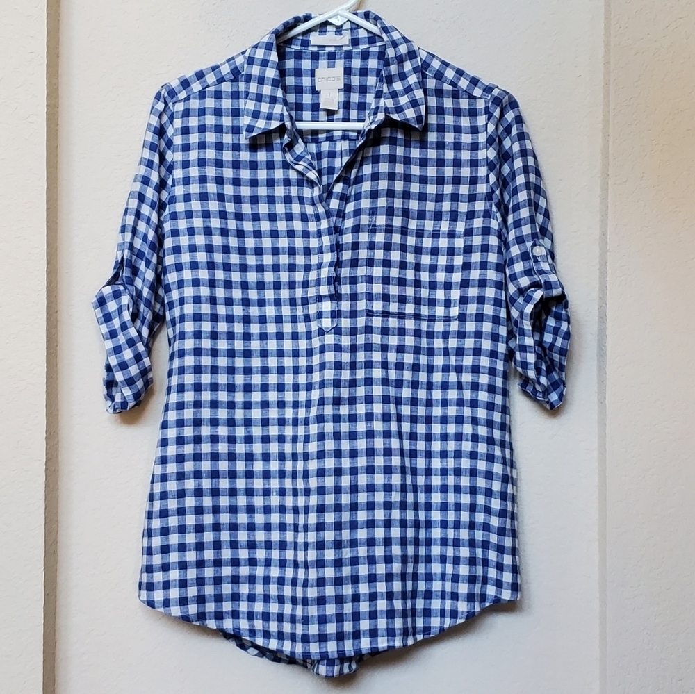 Chicos Checkered Tab Sleeves Top.  Size 1 (8-Medium)